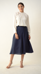 Shoji Set of 2 - Gather Neck Top & Box Pleat Skirt - Textured White & Navy Blue