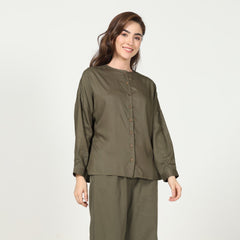 Uncollared Shirt - Olive Green