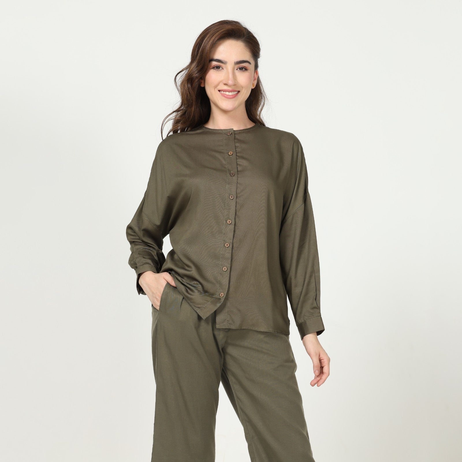 Uncollared Shirt - Olive Green