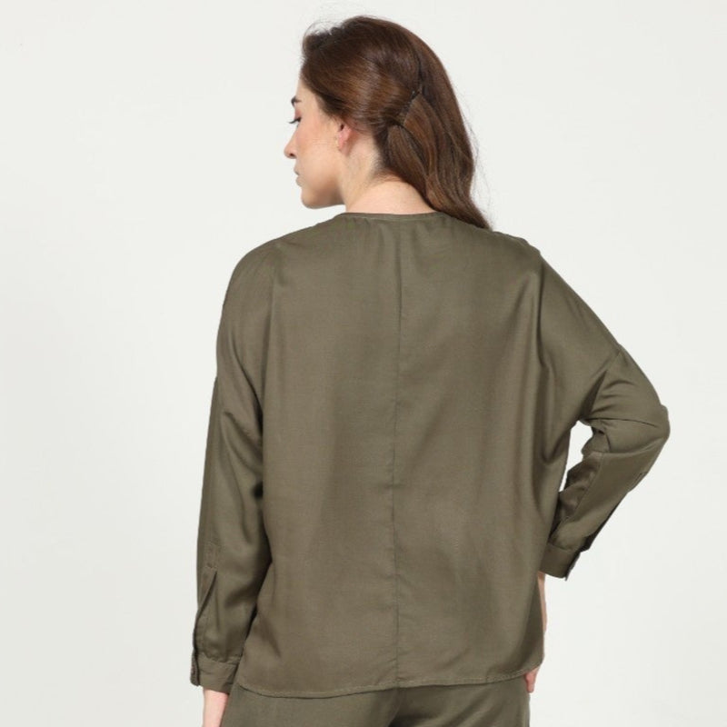 Uncollared Shirt - Olive Green