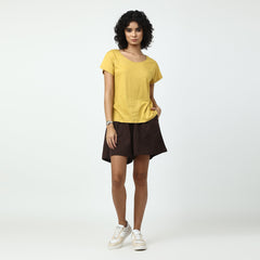 Daffodil Set of 2- Scoop Neck T-shirt & Shorts- Yellow & Coffee