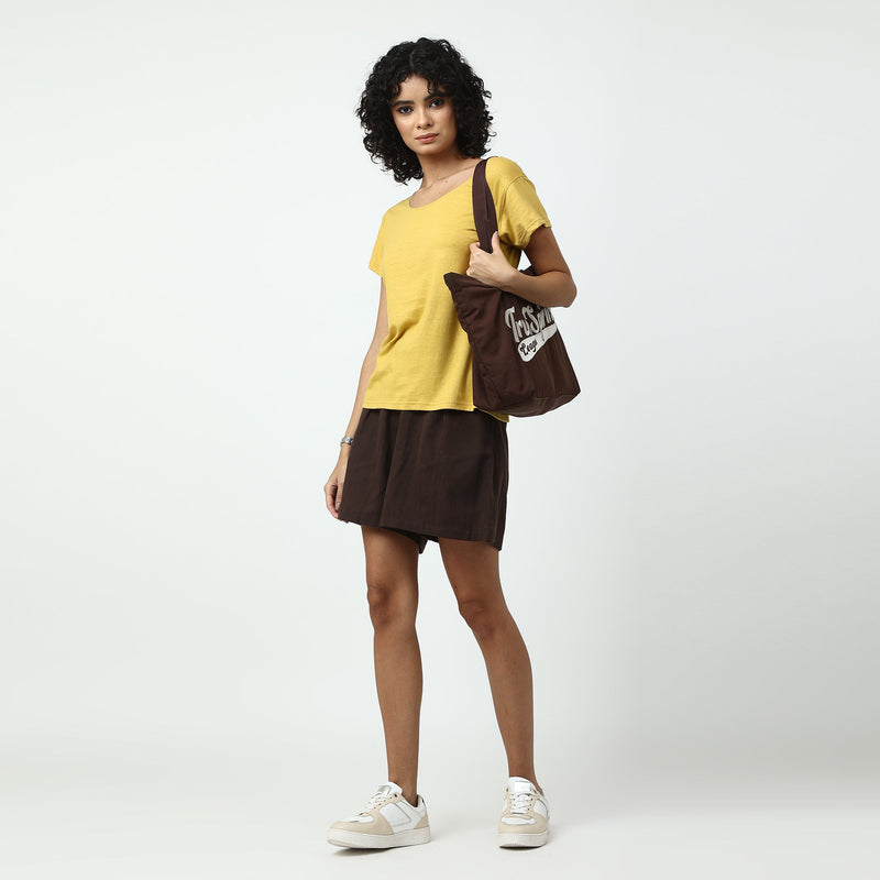 Daffodil Set of 2- Scoop Neck T-shirt & Shorts- Yellow & Coffee