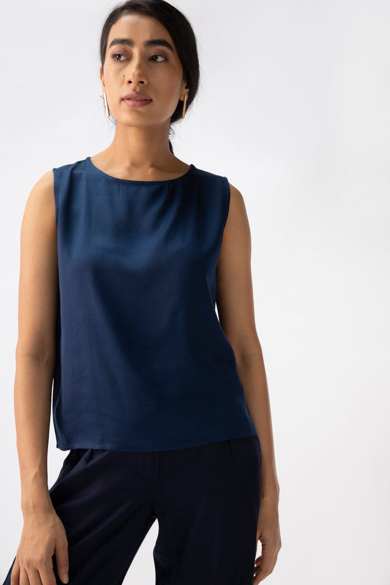 Saltpetre womens wear, indo-western shell top for semi formal, casual, occassional wear. Comfortably elegant woth delivate feminine straps in navy blue color.