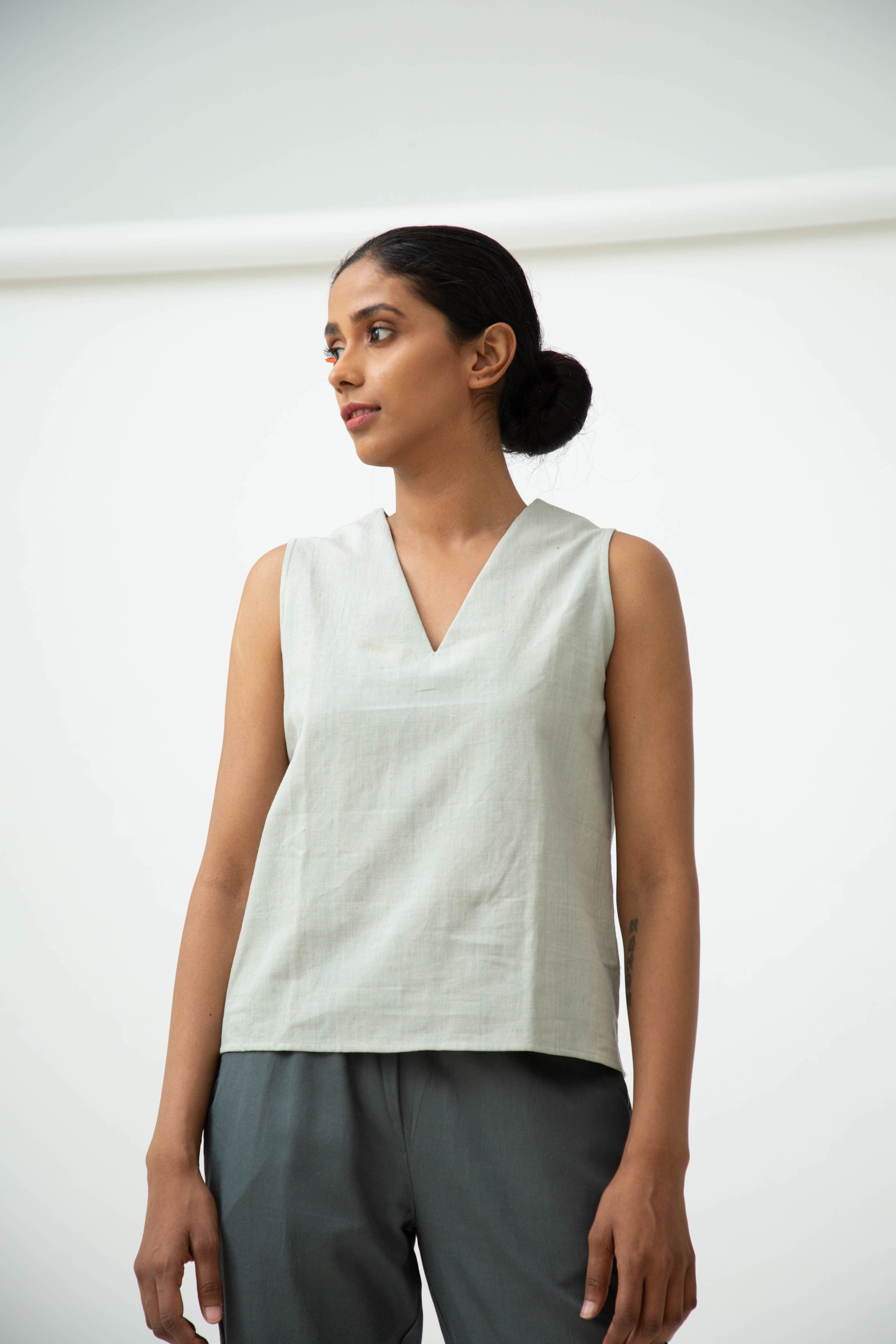 Saltpetre womens wear, indo-western shell top for semi formal, casual, occassional wear. Comfortably elegant woth delivate feminine straps in cloud grey colour.