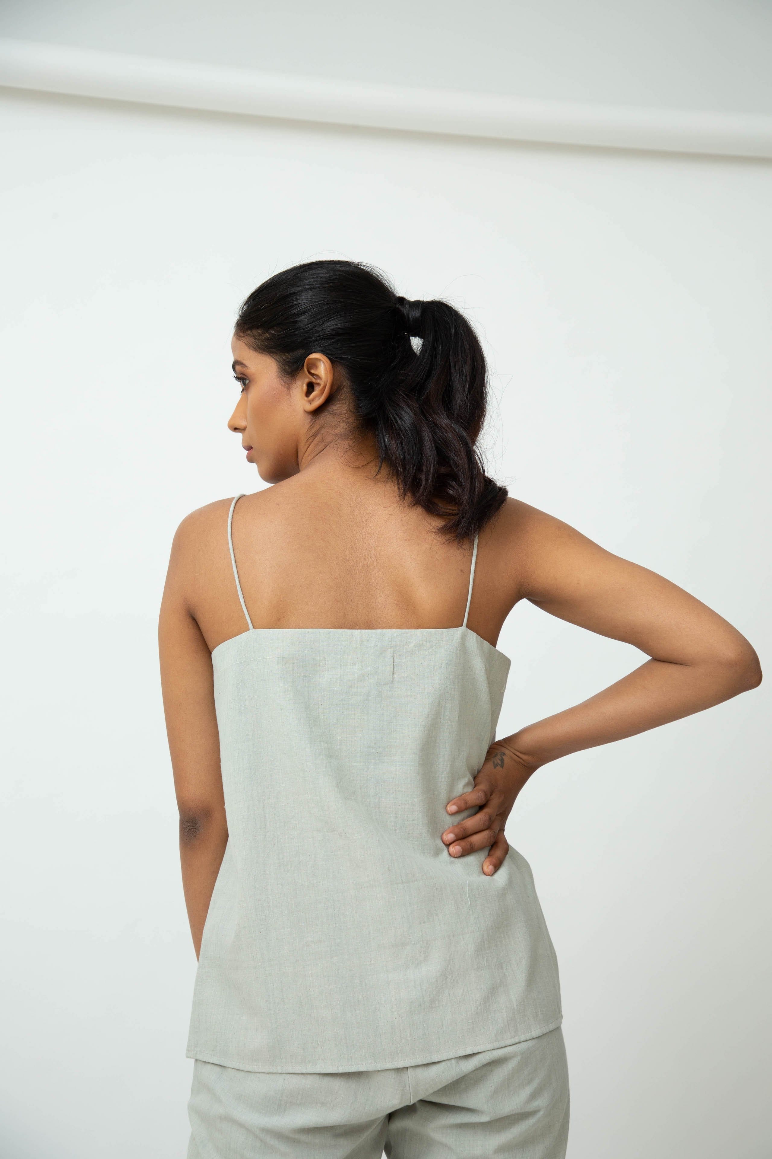 Saltpetre womens florence 3-piece set - cosmopolitian theme. Long overlay shirt with full sleeves, v-necked slip top, wide ankle length pants in 100% organic cotton
