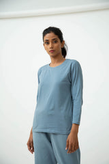 Saltpetre womens wear, lounge wear for casual wear.
 Comfortable crew neck, full sleeve t-shirt in citadel blue colour. Made from 100% organic cotton.