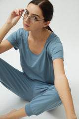 Saltpetre womens casual home, outdoor and lounge wear - citadel blue. Half sleeves with round neck comfort-fit shirts and straight leg joggers. Made with 100% organic cotton